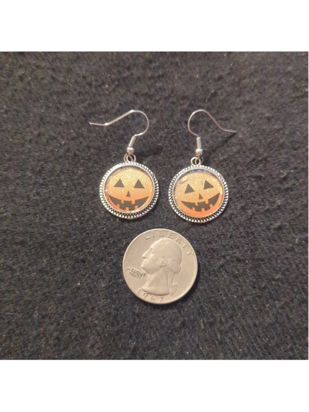 Silver Tone Orange Glitter Halloween Jack-O-Lantern Dainty Statement Earrings
